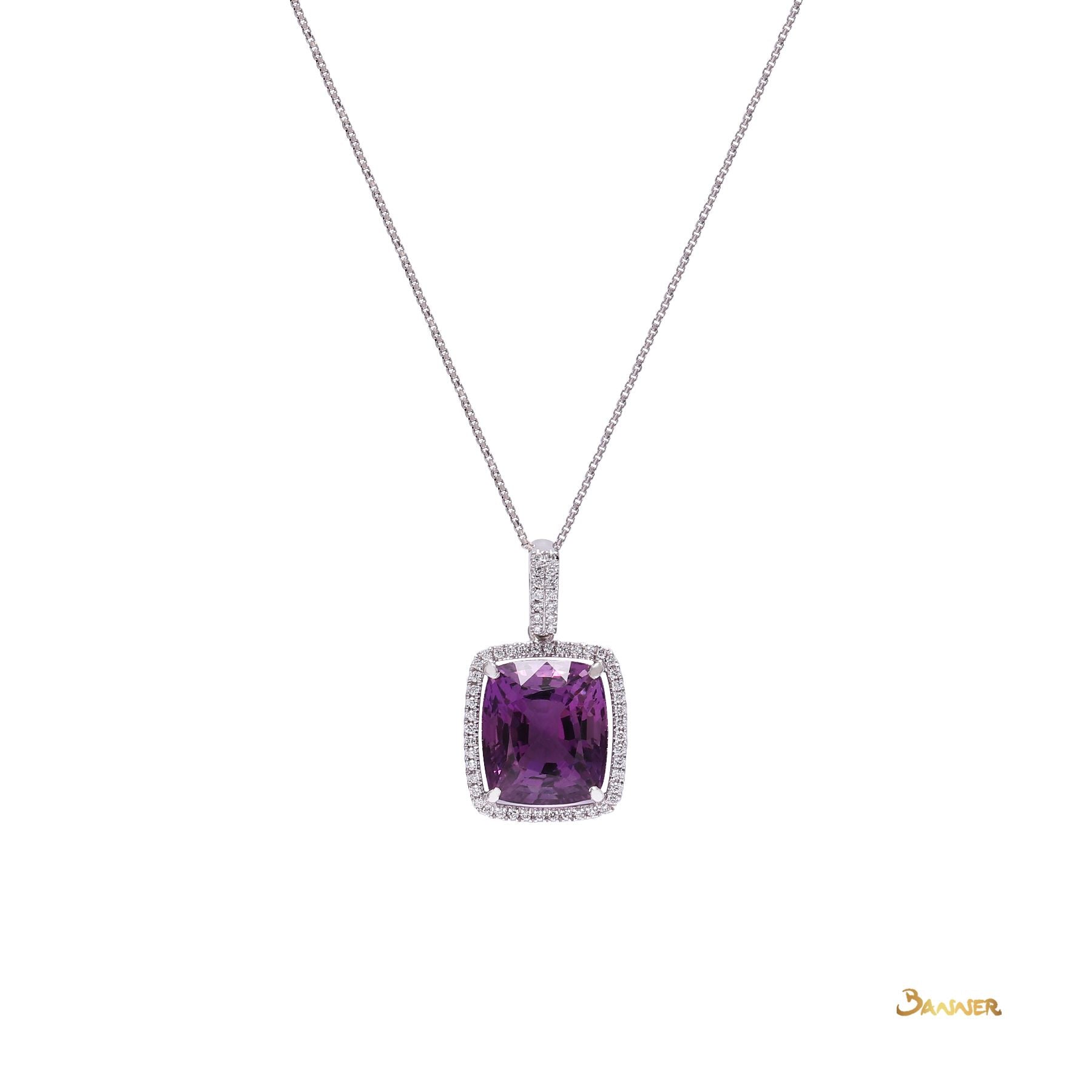 Amethyst Cushion and Diamond Halo Pendant