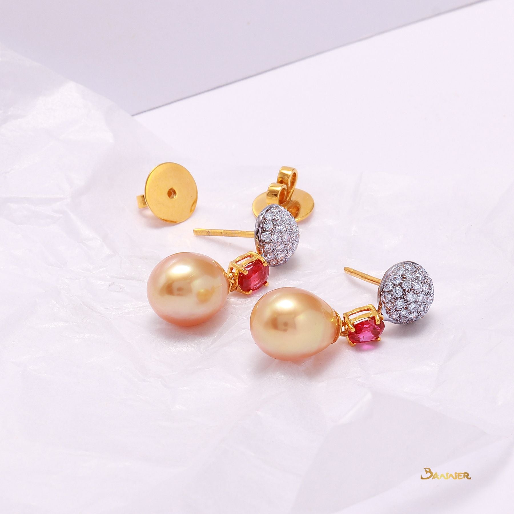 South Sea Pearl, Ruby and Diamond Dangling Earrings