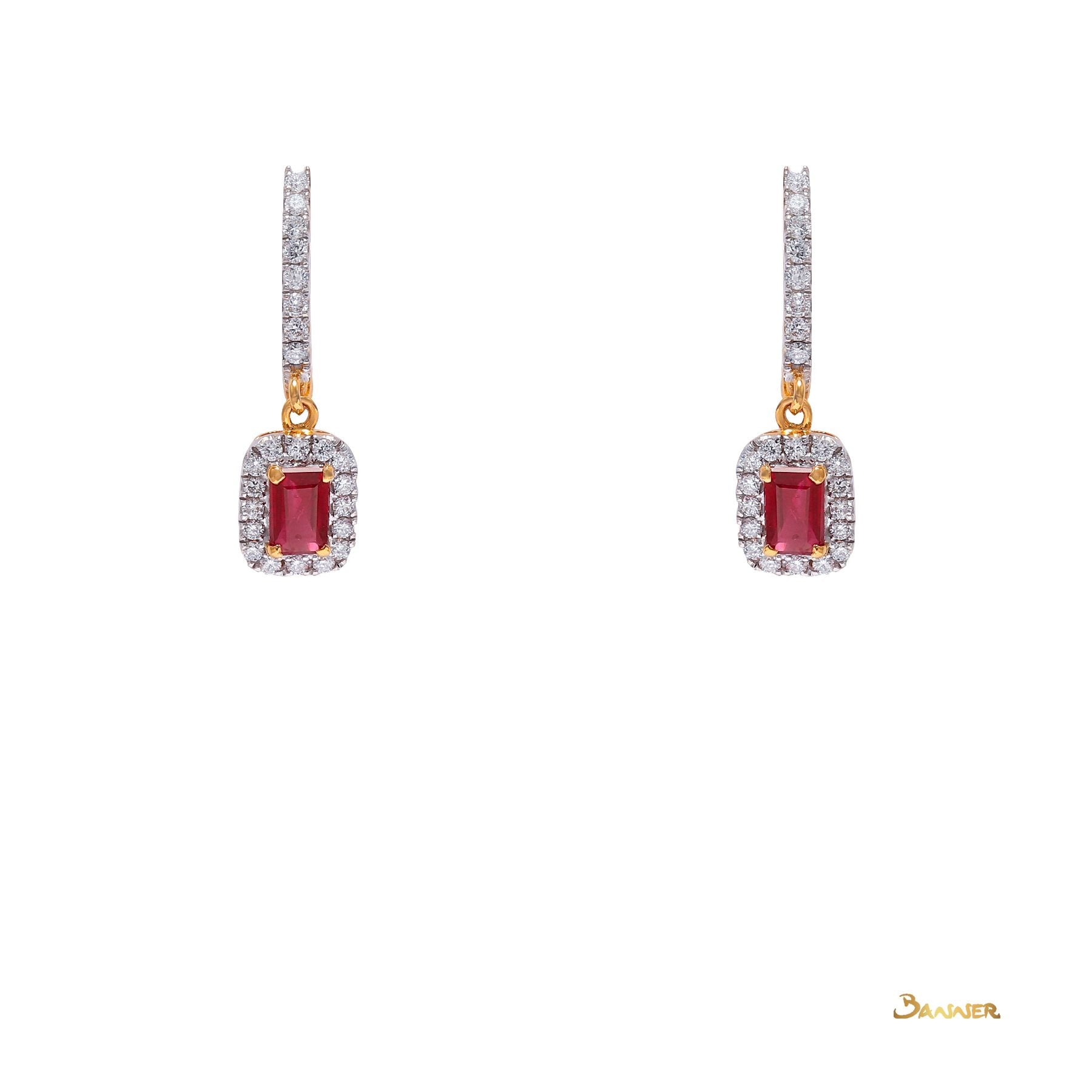 Ruby Emerald Cut and Diamond Halo Dangle Earrings