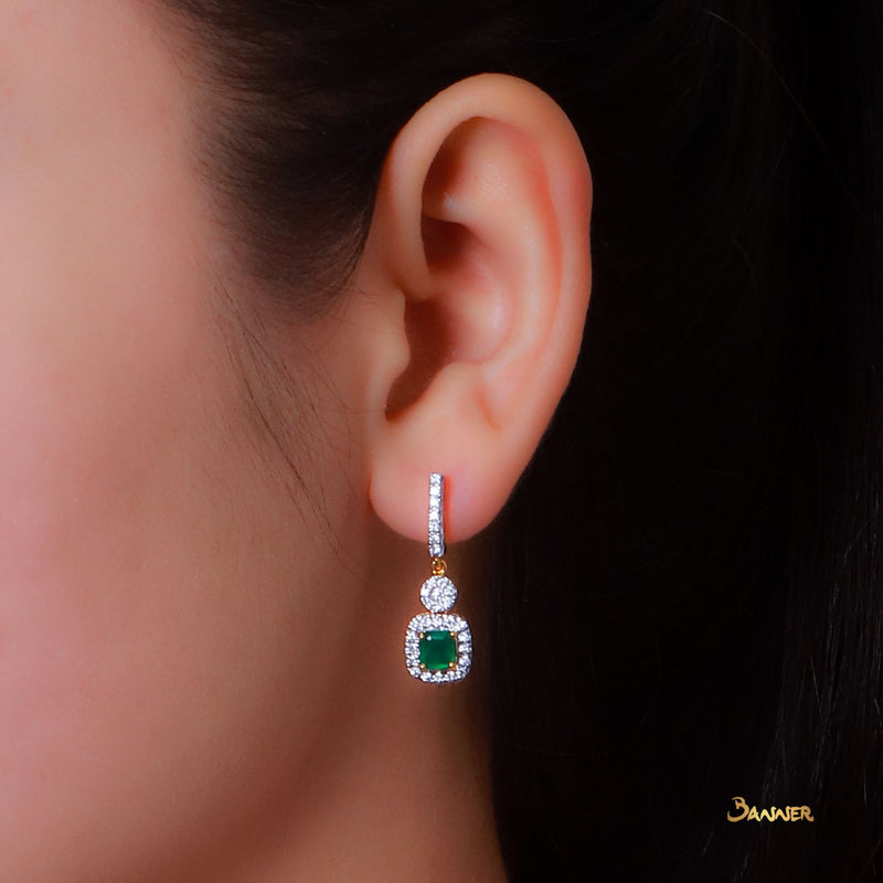 Emerald Emerald Cut and Diamond Halo Dangle Earrings