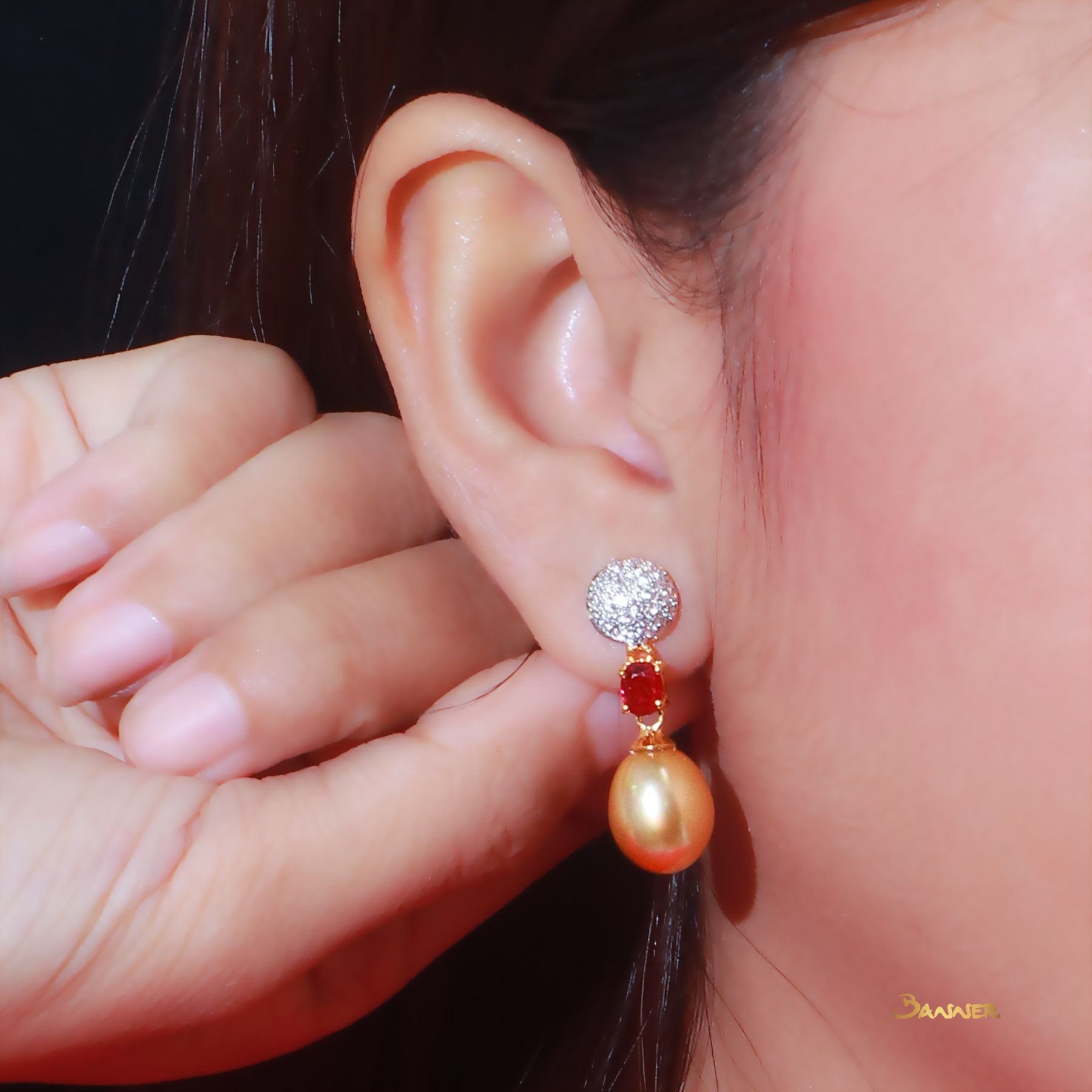 South Sea Pearl, Ruby and Diamond Dangling Earrings