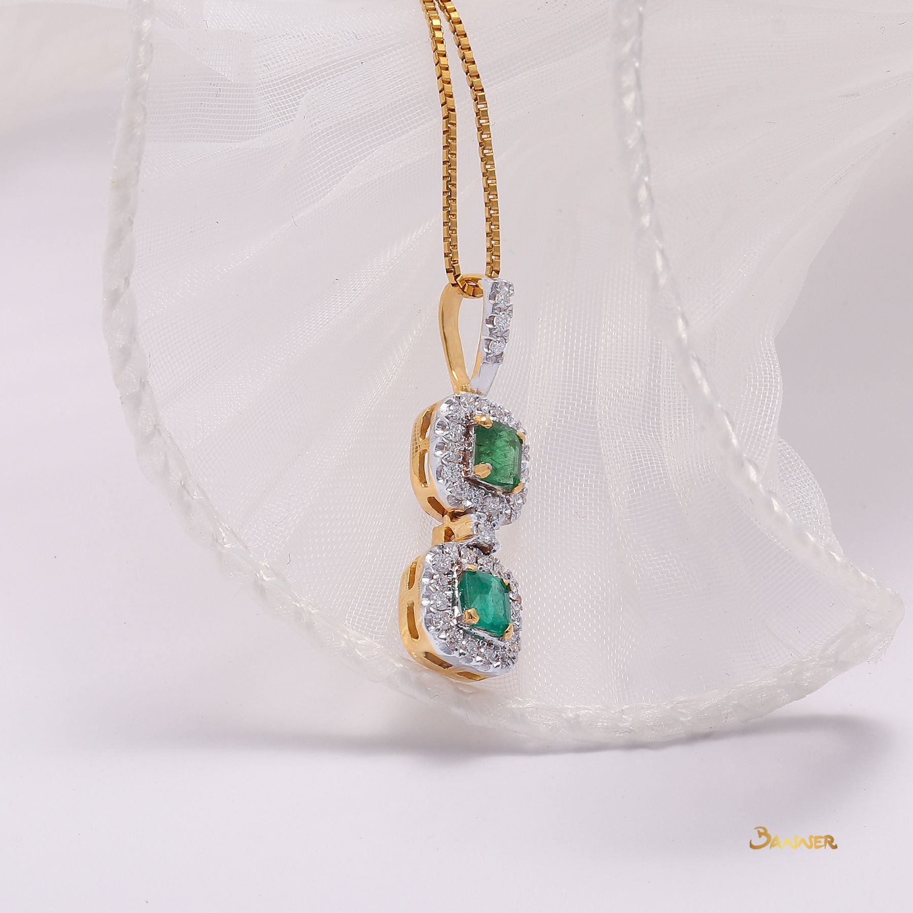 Emerald and Diamond  2-Step Halo Pendant